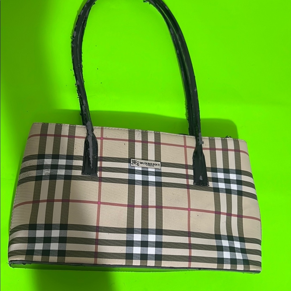Beige Check Shoulder Bag with Black Handles